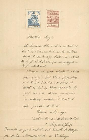 Sol·licitud de Joaquima Soler d’ingrés als cursos preparatoris de l’Escola Local d’Indústries, 6 de desembre de 1922. Fons: Diputació de Barcelona. (CAT AGDB A-492, exp.9)